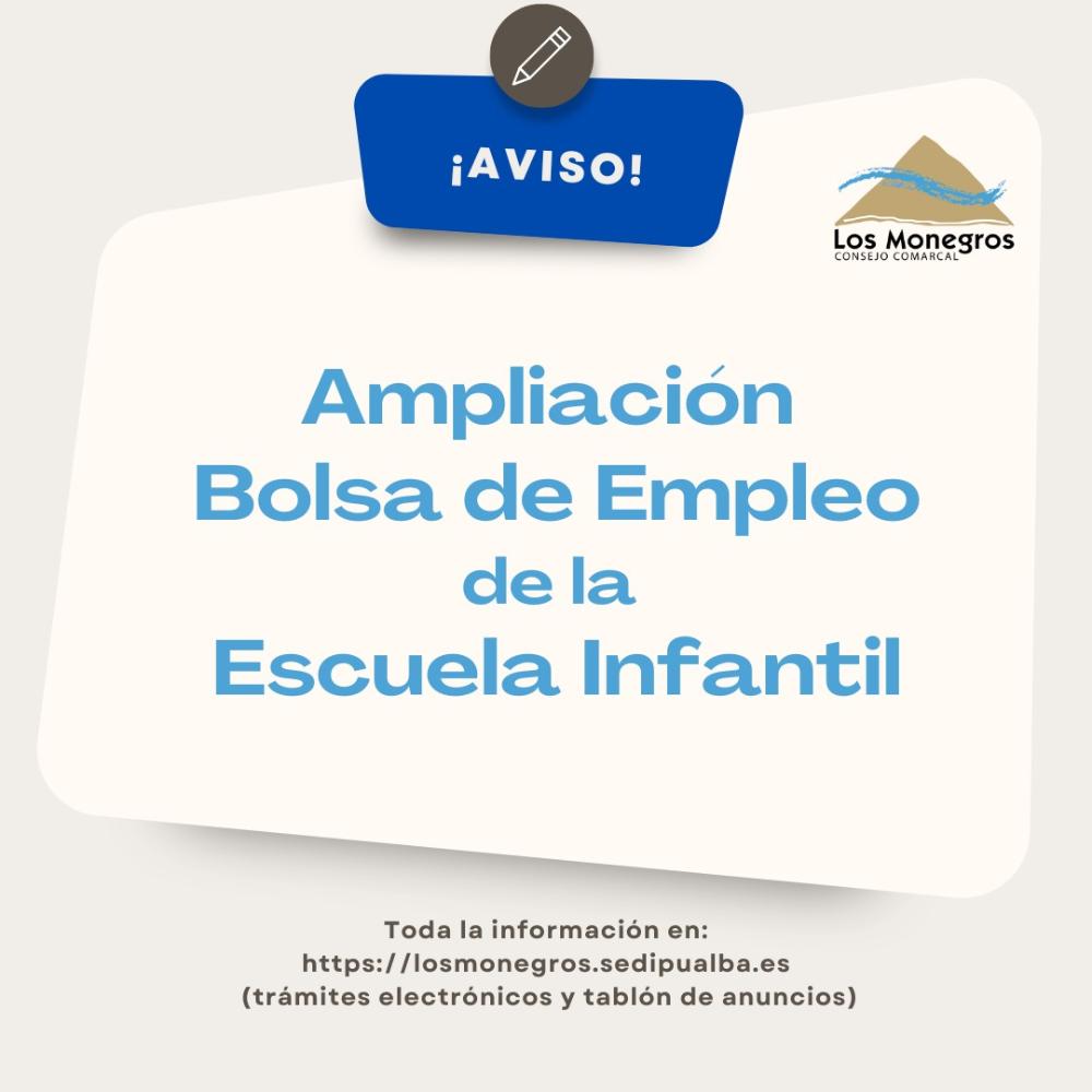 Imagen Publicadas las bases para la ampliación de la bolsa de empleo de la Escuela Infantil Comarcal de Los Monegros