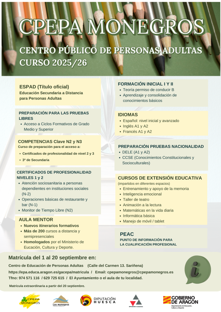 Imagen El Centro de Educación de Personas Adultas de Los Monegros abre el 1 de septiembre el plazo de matrícula para el curso 2025/2026